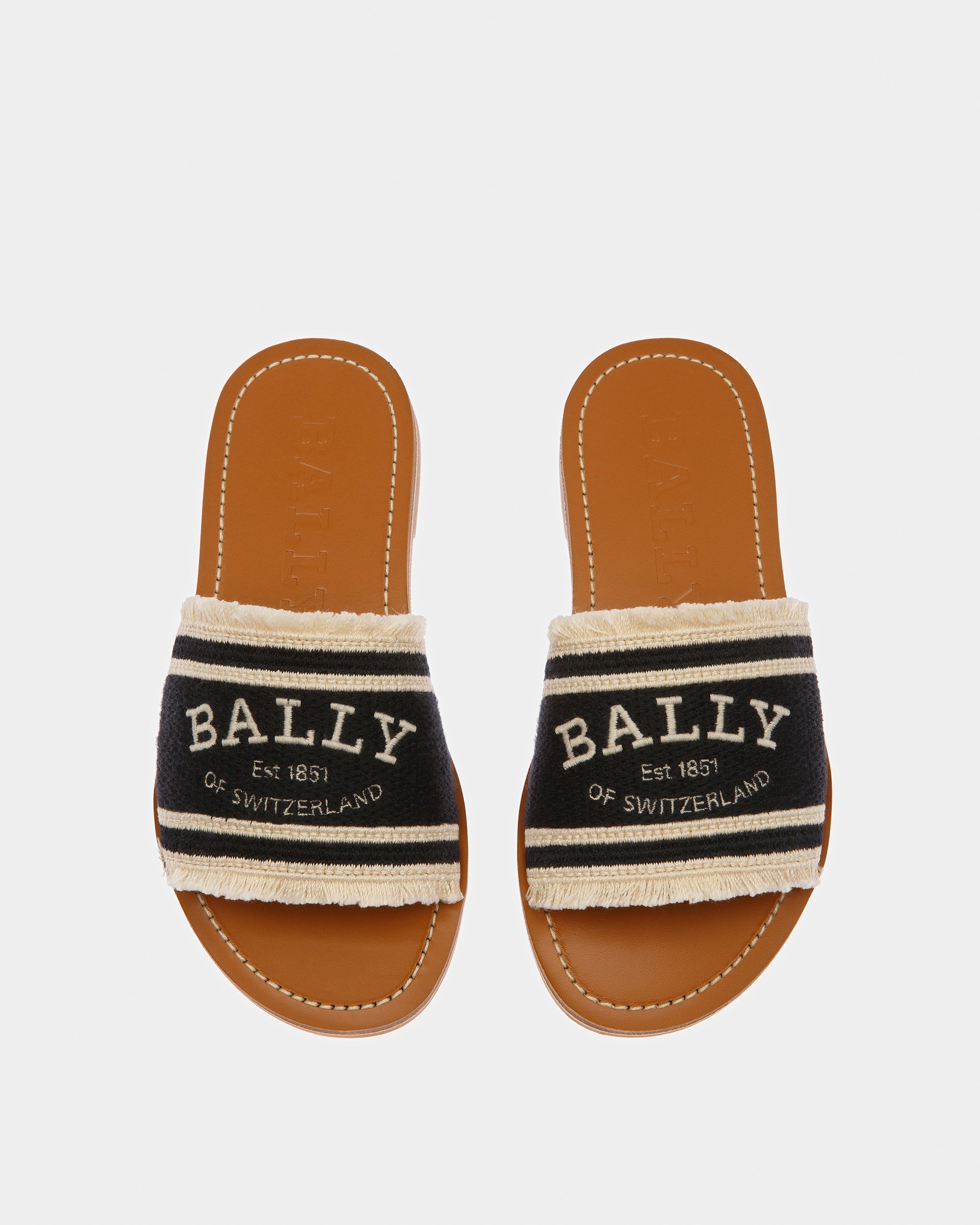 Bianka Flat Fabric Slides In Black And Bone - Women's - Bally - 02
