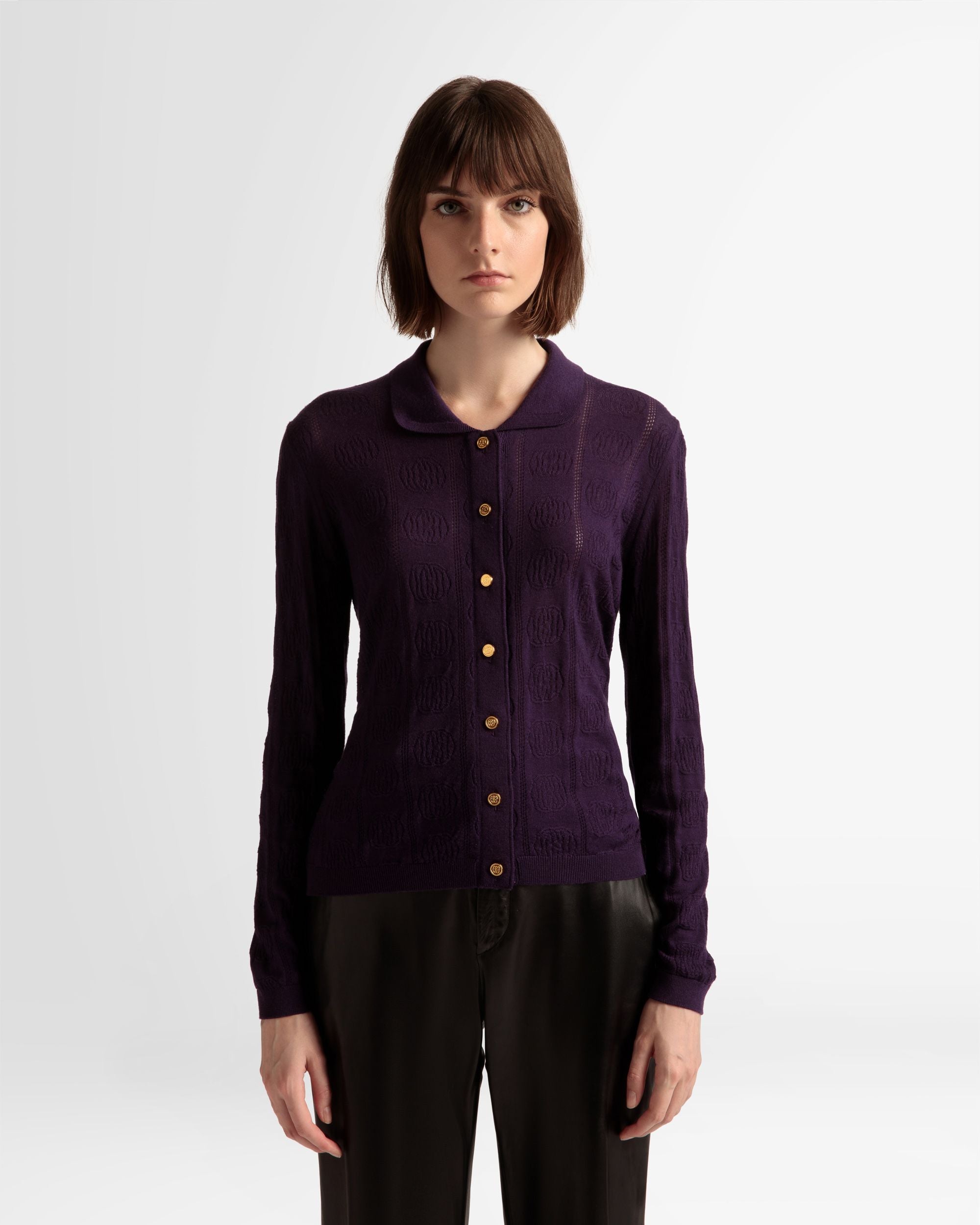 Knit Detail Long Sleeve Polo In Orchid Wool - Women's - Bally - 03