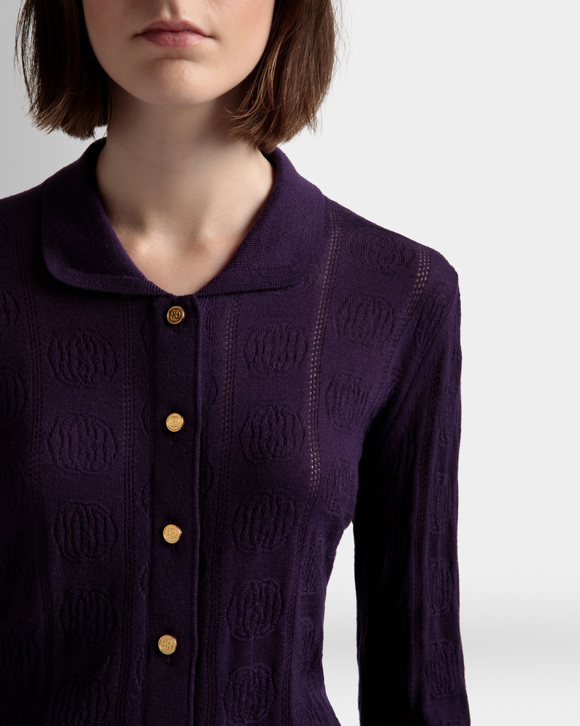 Knit Detail Long Sleeve Polo In Orchid Wool - Women's - Bally - 04