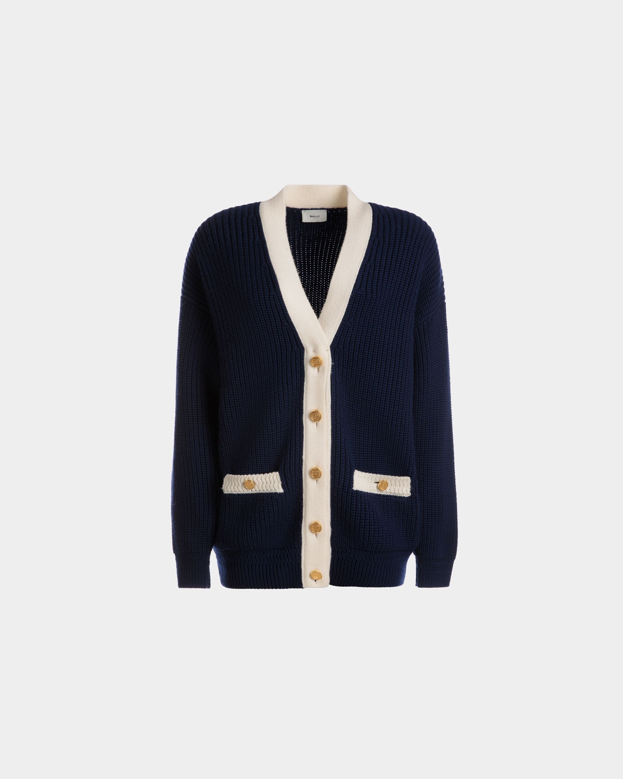 V-Neck Cardigan In Marine Wool - Women's - Bally - 01