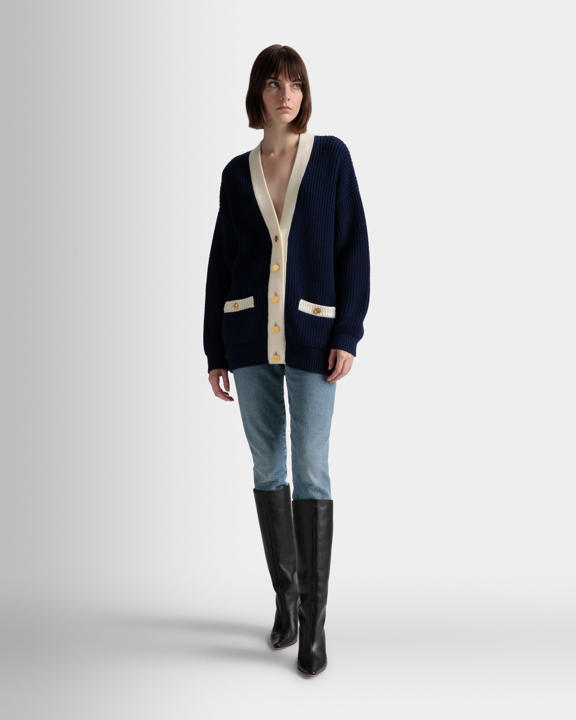 V-Neck Cardigan In Marine Wool - Women's - Bally - 02
