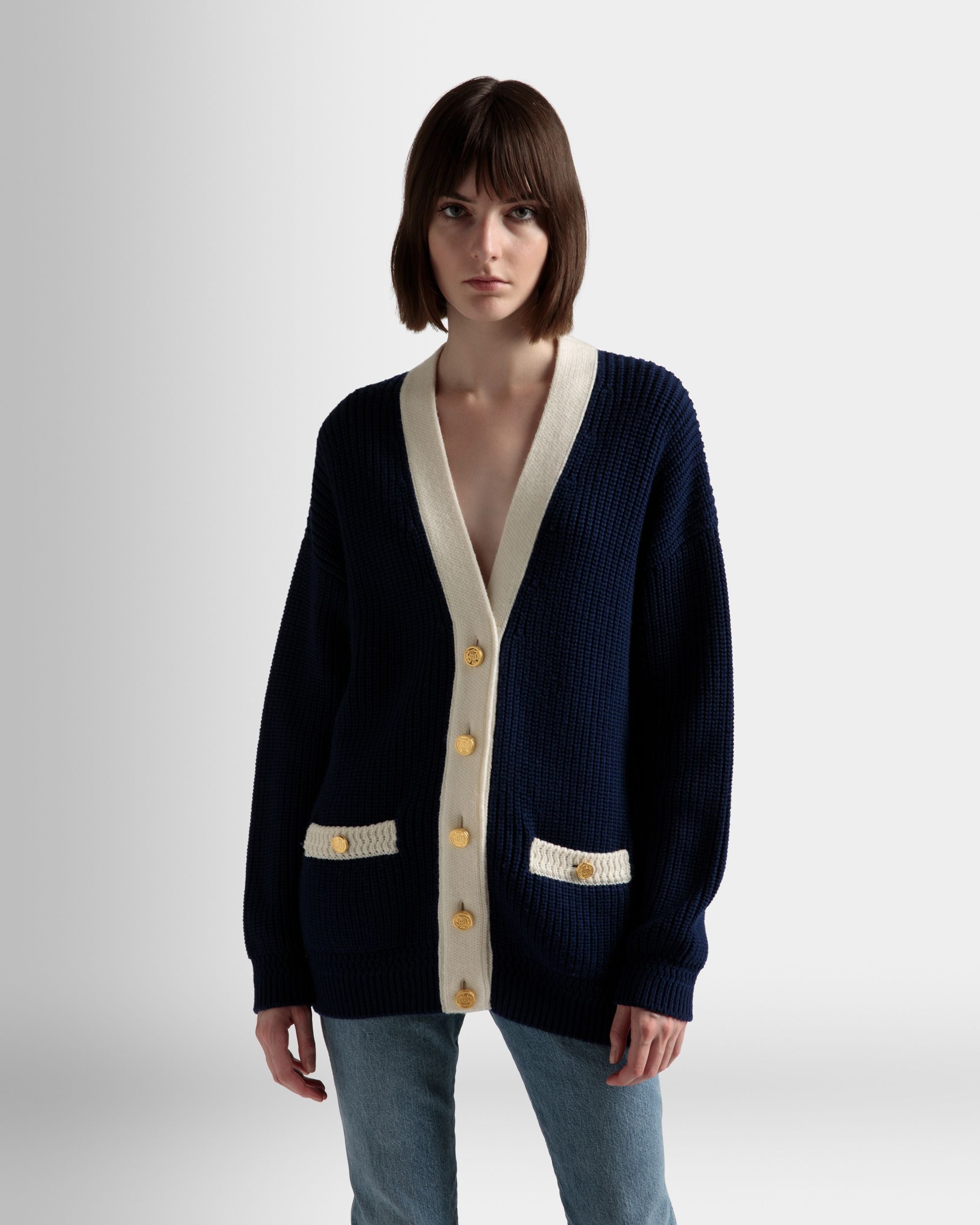 V-Neck Cardigan In Marine Wool - Women's - Bally - 03