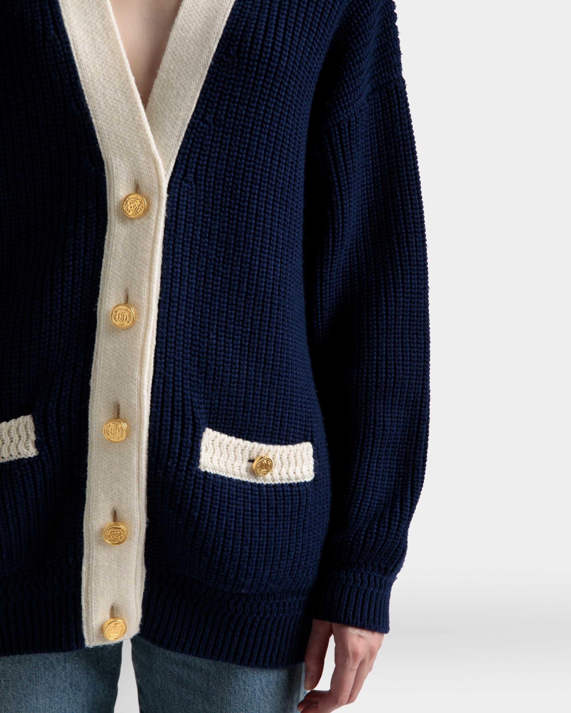 V-Neck Cardigan In Marine Wool - Women's - Bally - 04