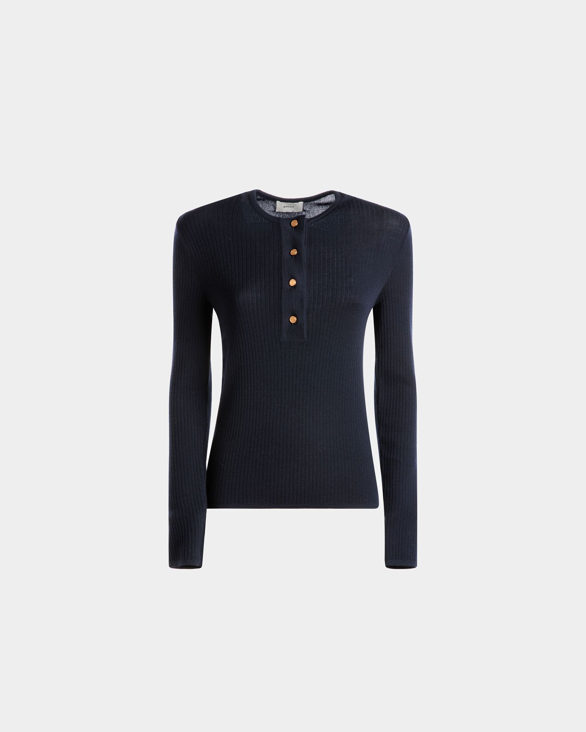 Knitted Henley Top In Ink Wool - Women's - Bally - 01
