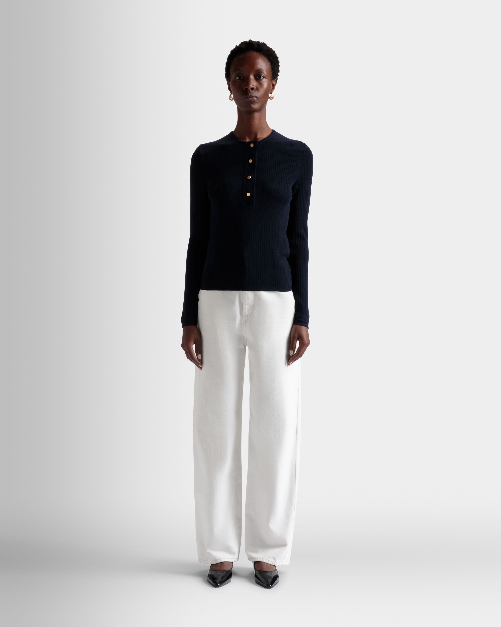Knitted Henley Top In Ink Wool - Women's - Bally - 02