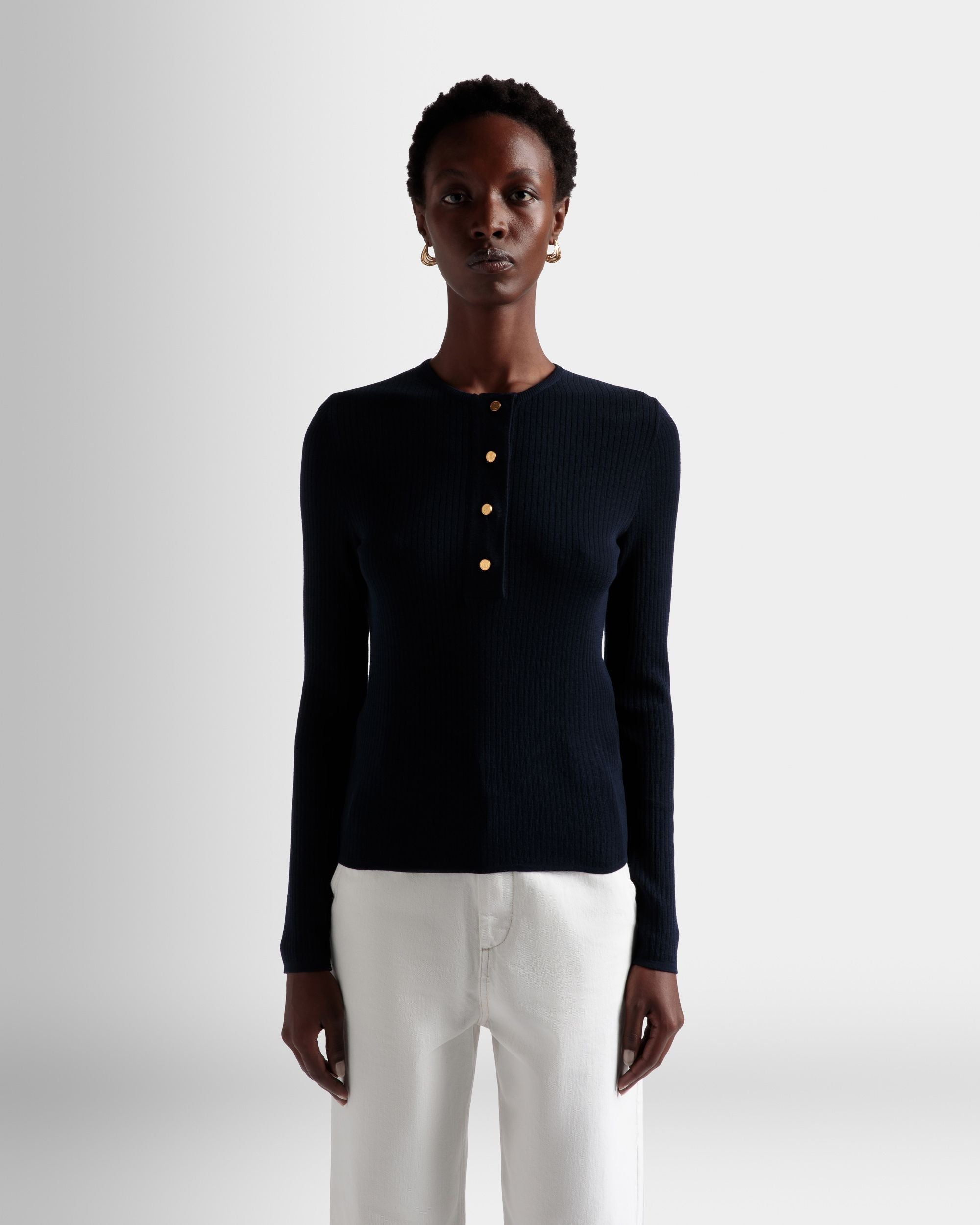 Knitted Henley Top In Ink Wool - Women's - Bally - 03