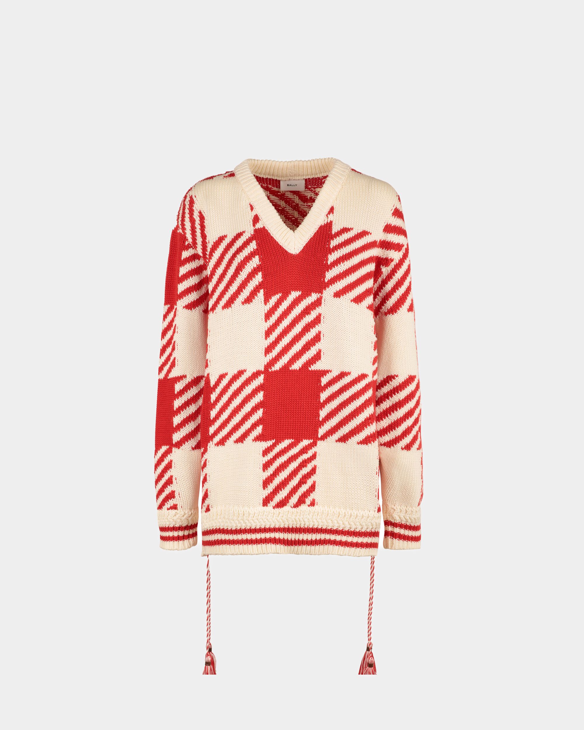 V-Neck Sweater In Beige And Red Cotton - Women's - Bally - 01