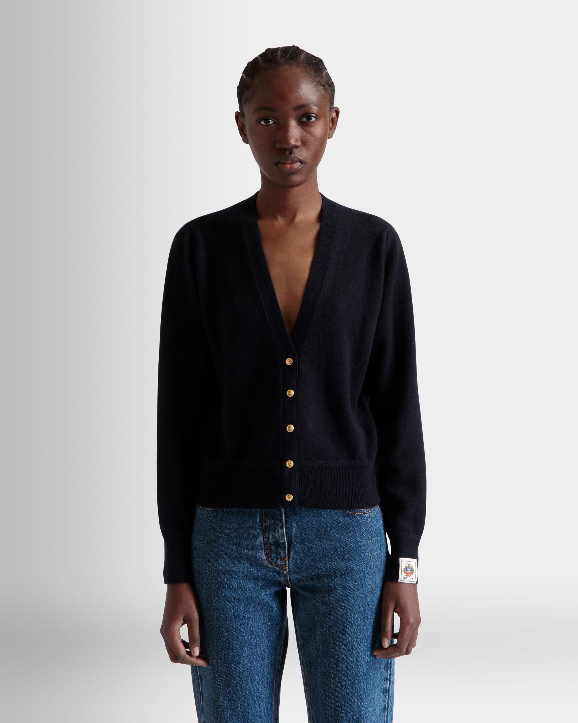 Cardigan In Navy Blue Cashmere - Women's - Bally - 03