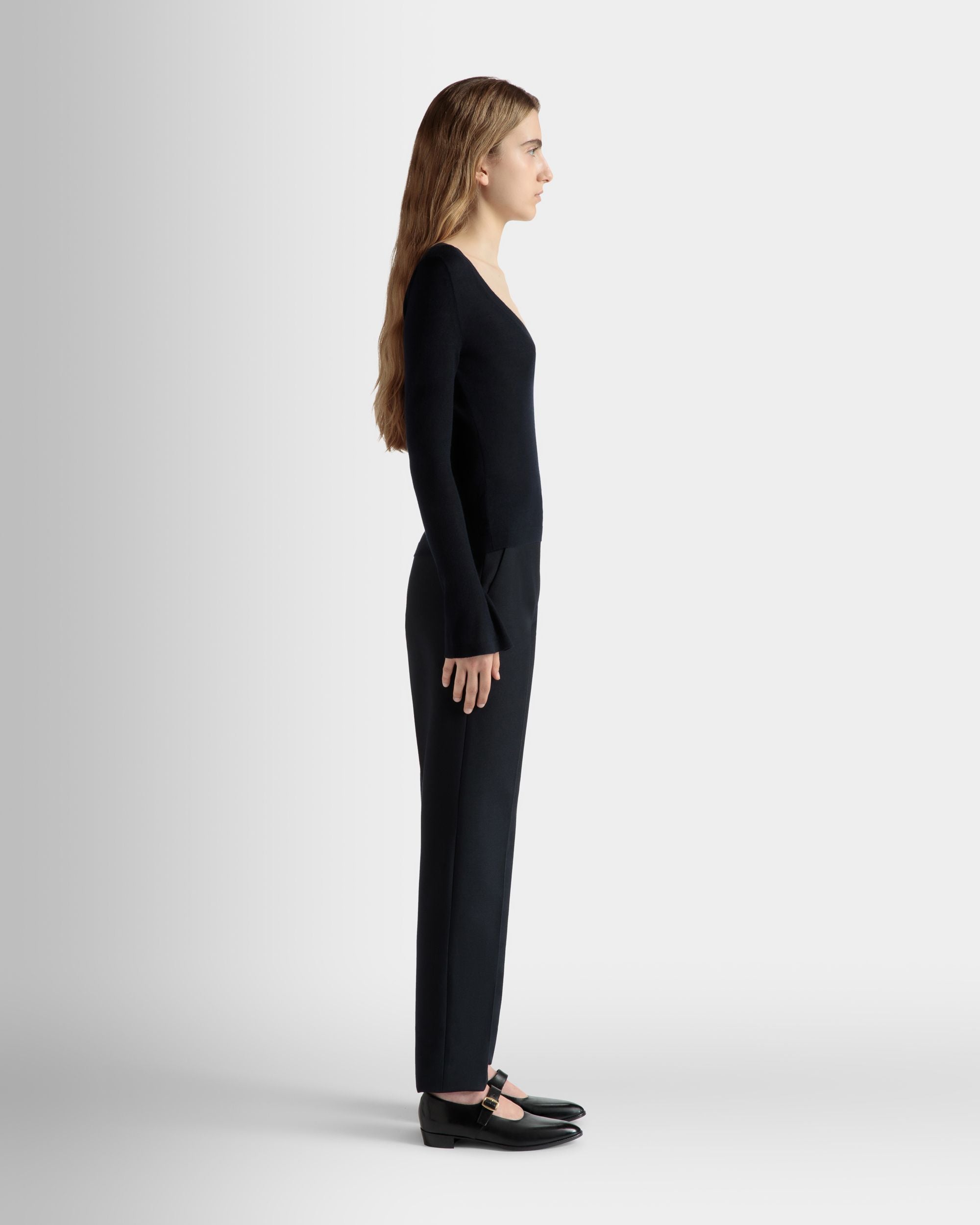 V-Neck Knit Top in Navy Blue Cashmere - Women's - Bally - 05