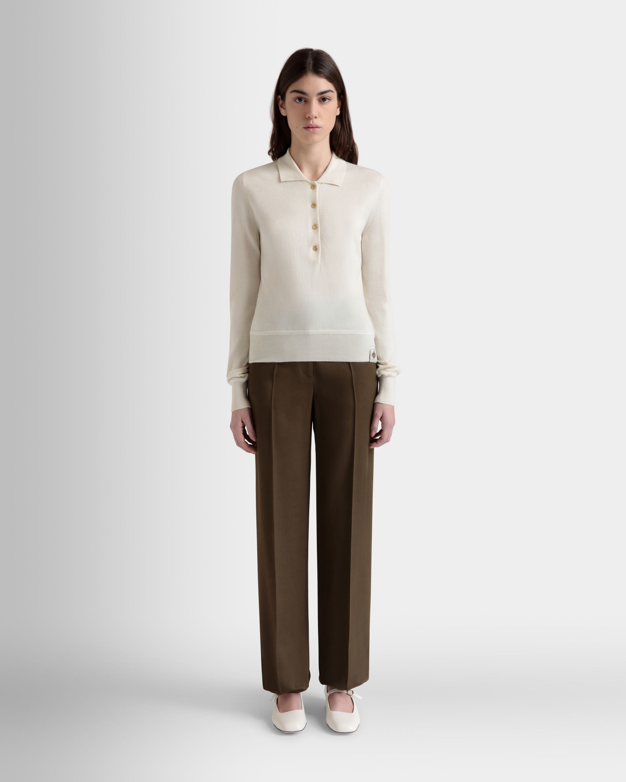 Long Sleeve Polo in Ivory Cashmere And Silk - Women's - Bally - 02