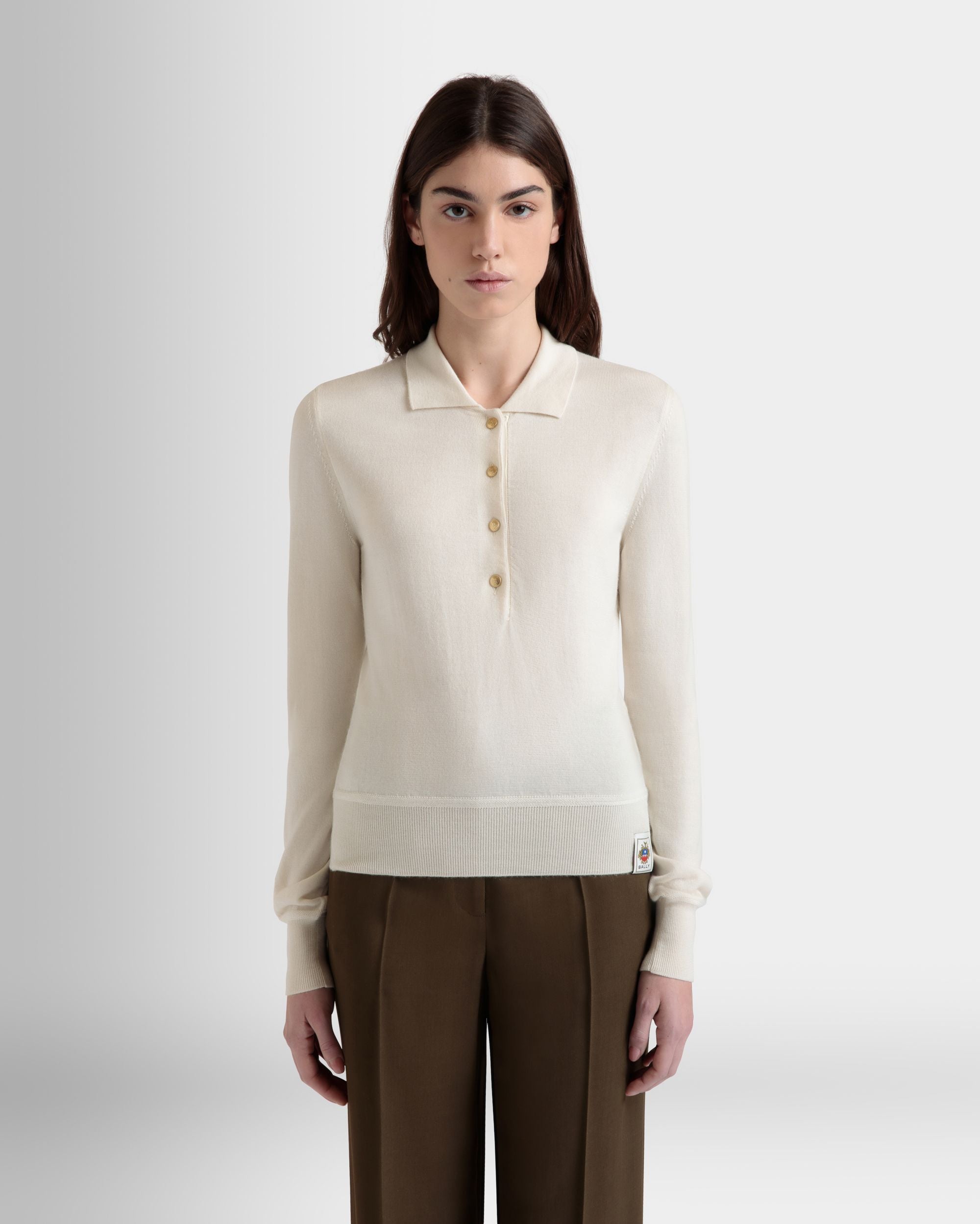 Long Sleeve Polo in Ivory Cashmere And Silk - Women's - Bally - 08