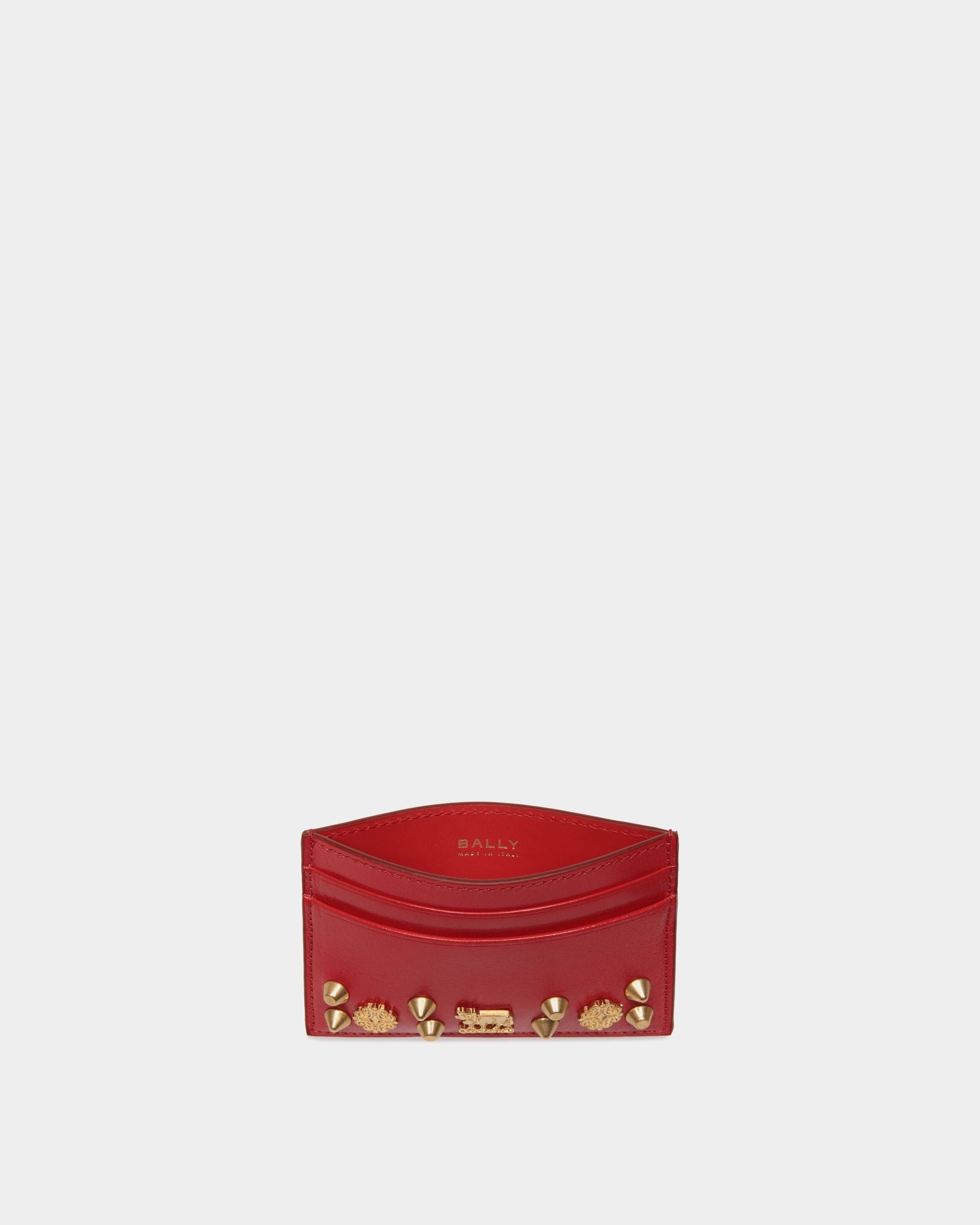 Swissness Card Holder In Red Leather with Studs - Women's - Bally - 03
