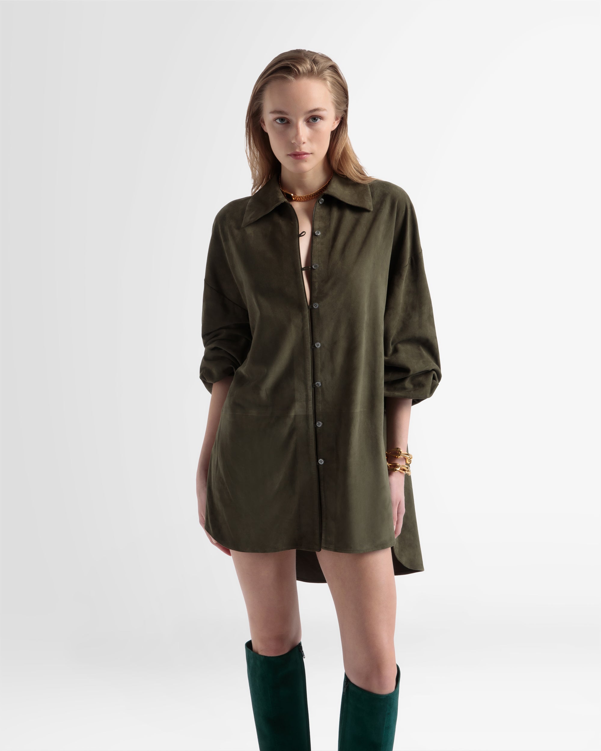 Oversized Leather Shirt In Green - Women's - Bally - 02