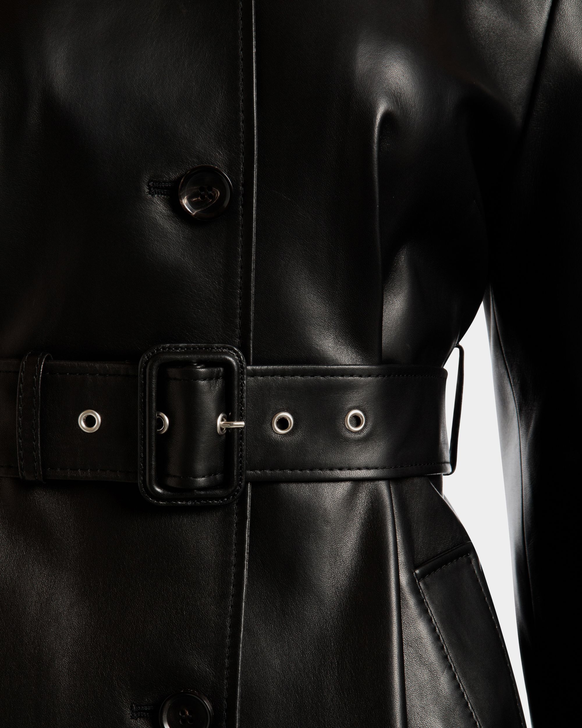 Belted Midi Coat in Black Leather - Women's - Bally - 04