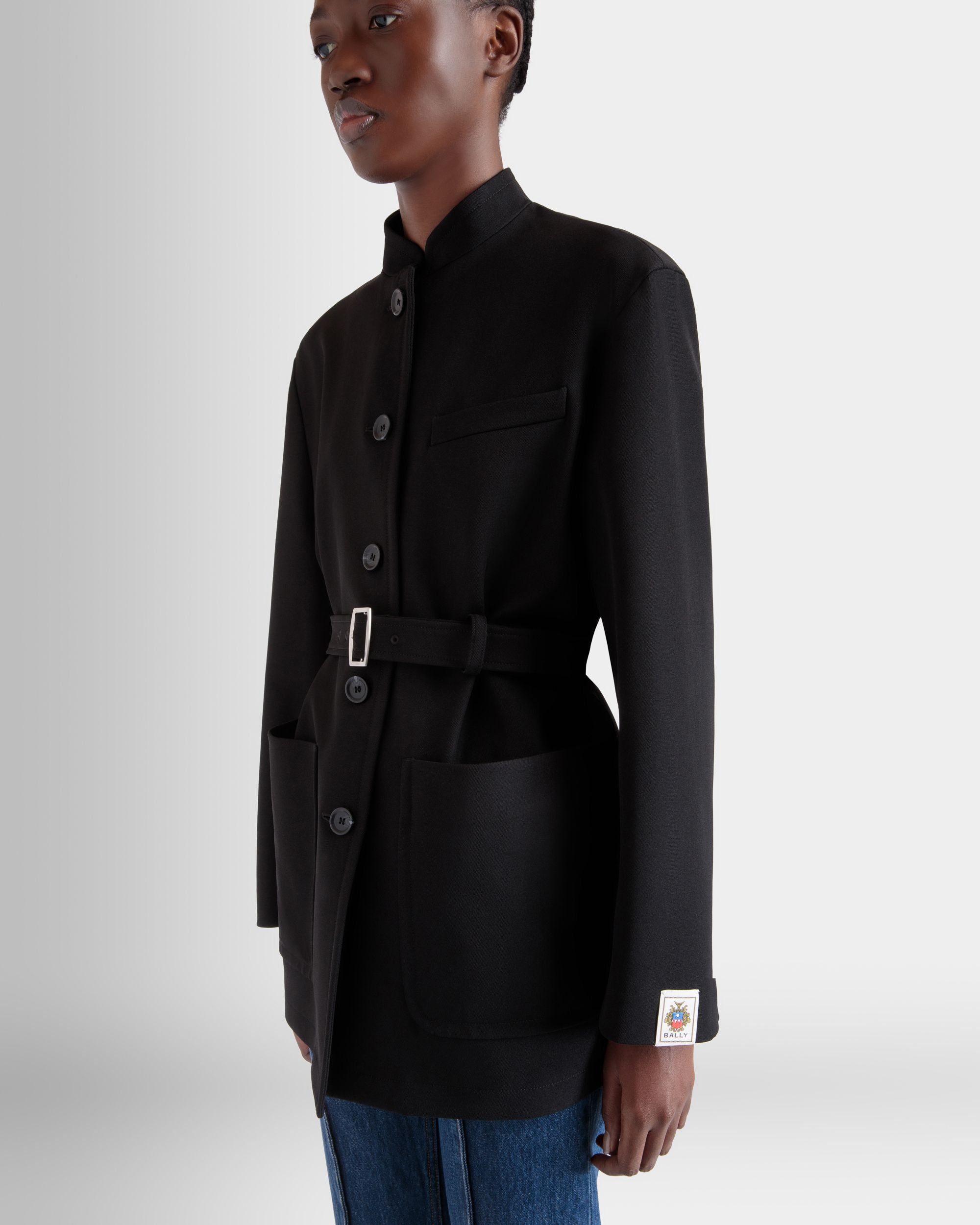 Belted Jacket in Black Nylon Gabardine - Women's - Bally - 03