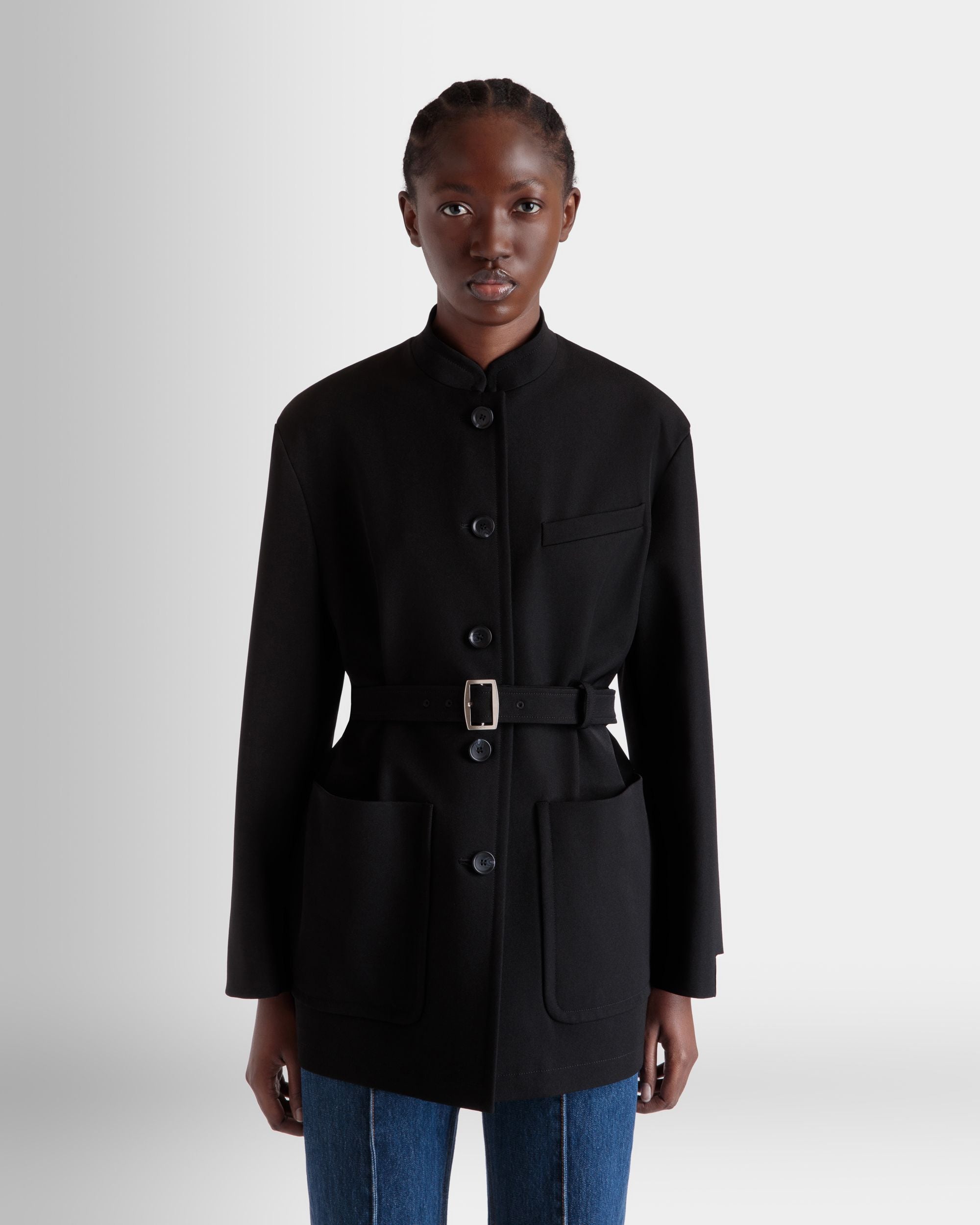 Belted Jacket in Black Nylon Gabardine - Women's - Bally - 08
