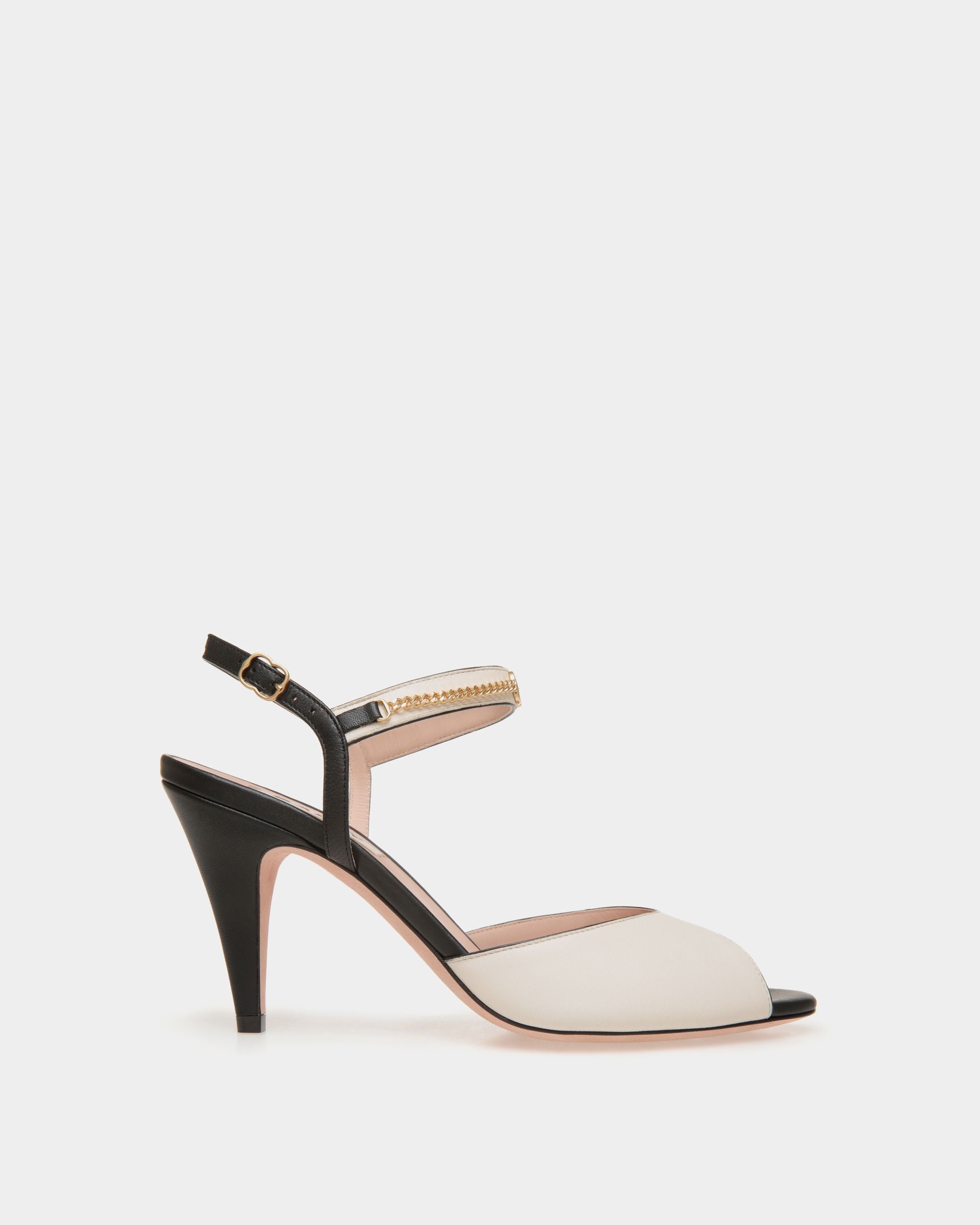Daily Emblem Heeled Sandal in Black and White Leather - Women's - Bally - 01