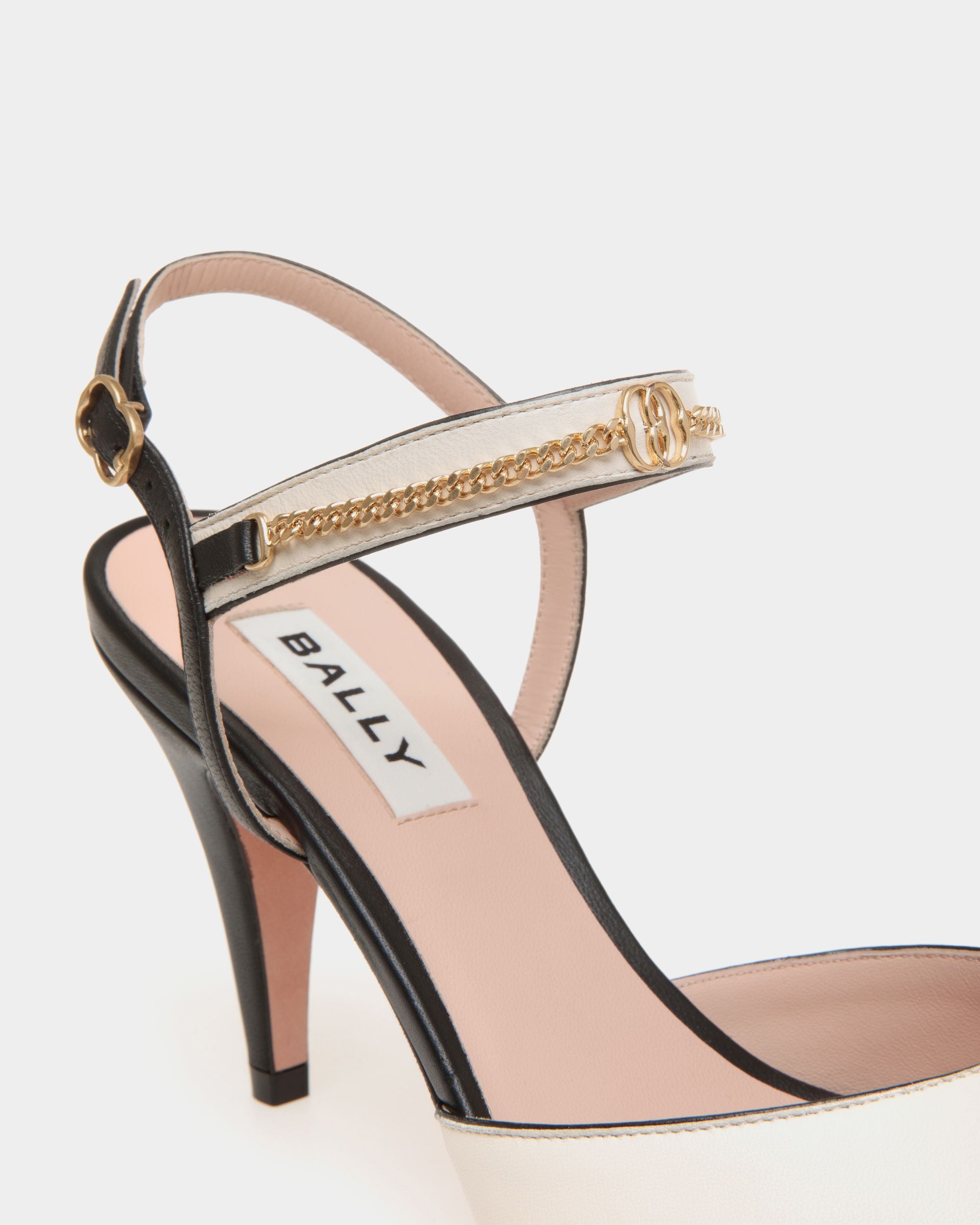 Daily Emblem Heeled Sandal in Black and White Leather - Women's - Bally - 04