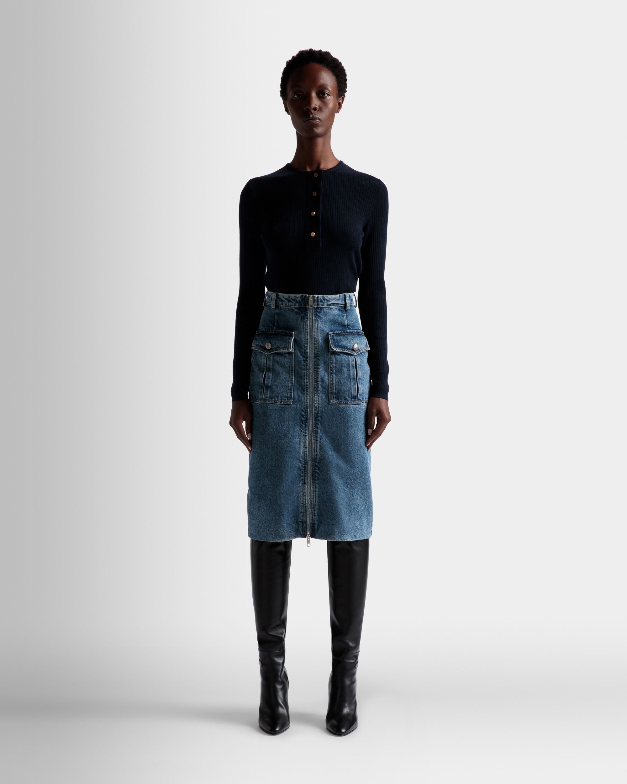 Knee Length Skirt In Light Blue Denim - Women's - Bally - 02