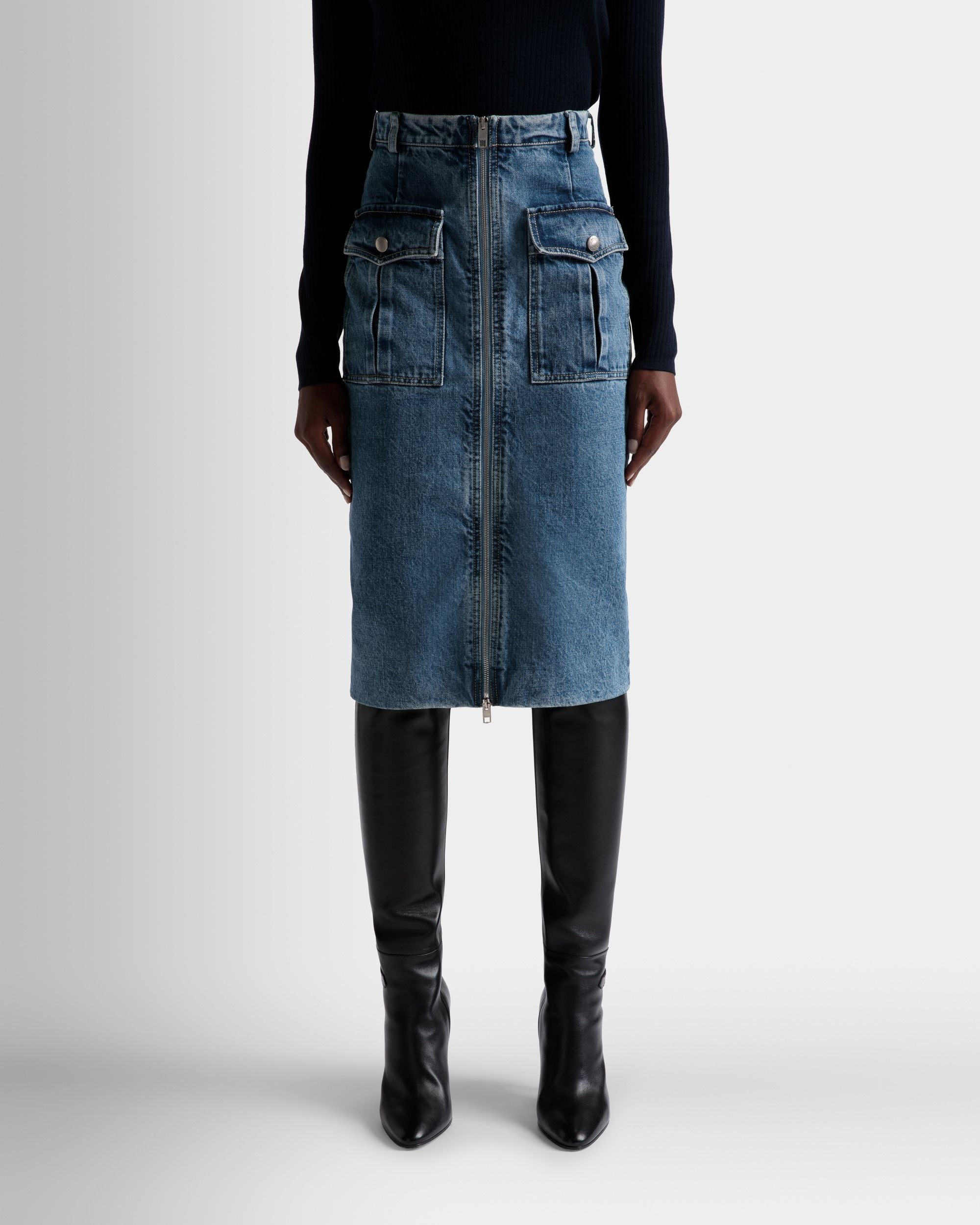 Knee Length Skirt In Light Blue Denim - Women's - Bally - 03