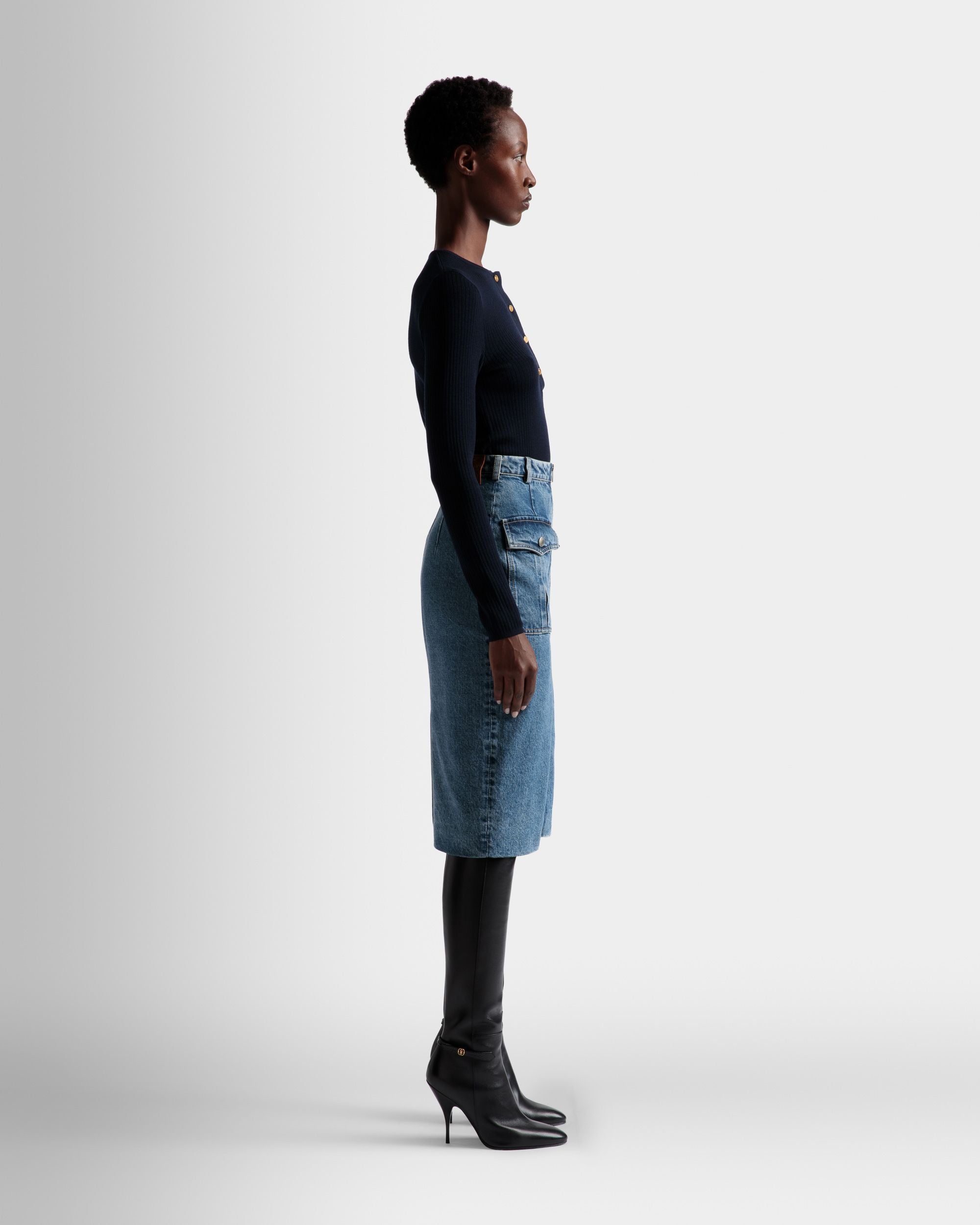 Knee Length Skirt In Light Blue Denim - Women's - Bally - 05