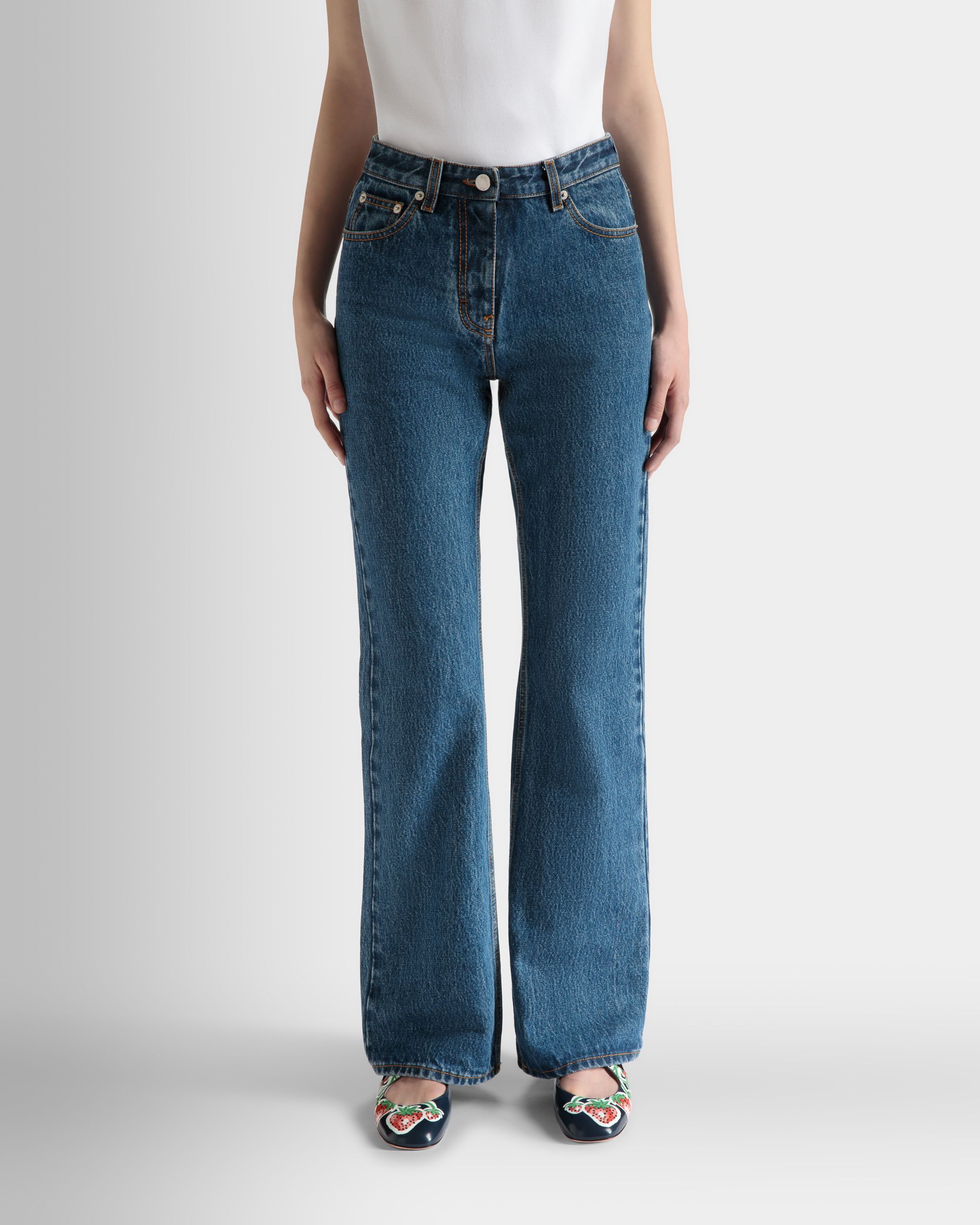Flared Denim Pants in Medium Blue Cotton - Women's - Bally - 03