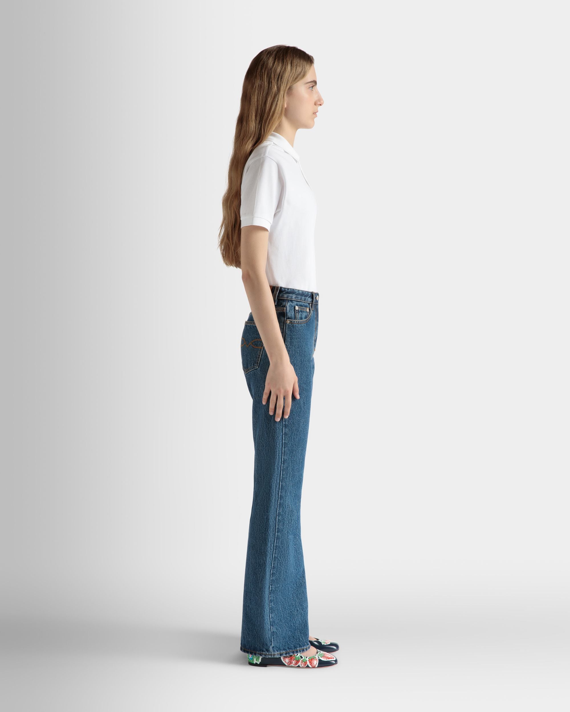 Flared Denim Pants in Medium Blue Cotton - Women's - Bally - 05